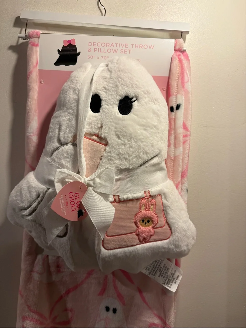 Glam Ghoul Pink Bow Ghost Halloween Blanket & Pillow Set Labubu Stanley Cup